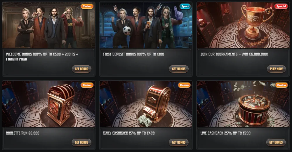 Paquet de bienvenue Gransino et tuiles promotionnelles de tournoi de casino.